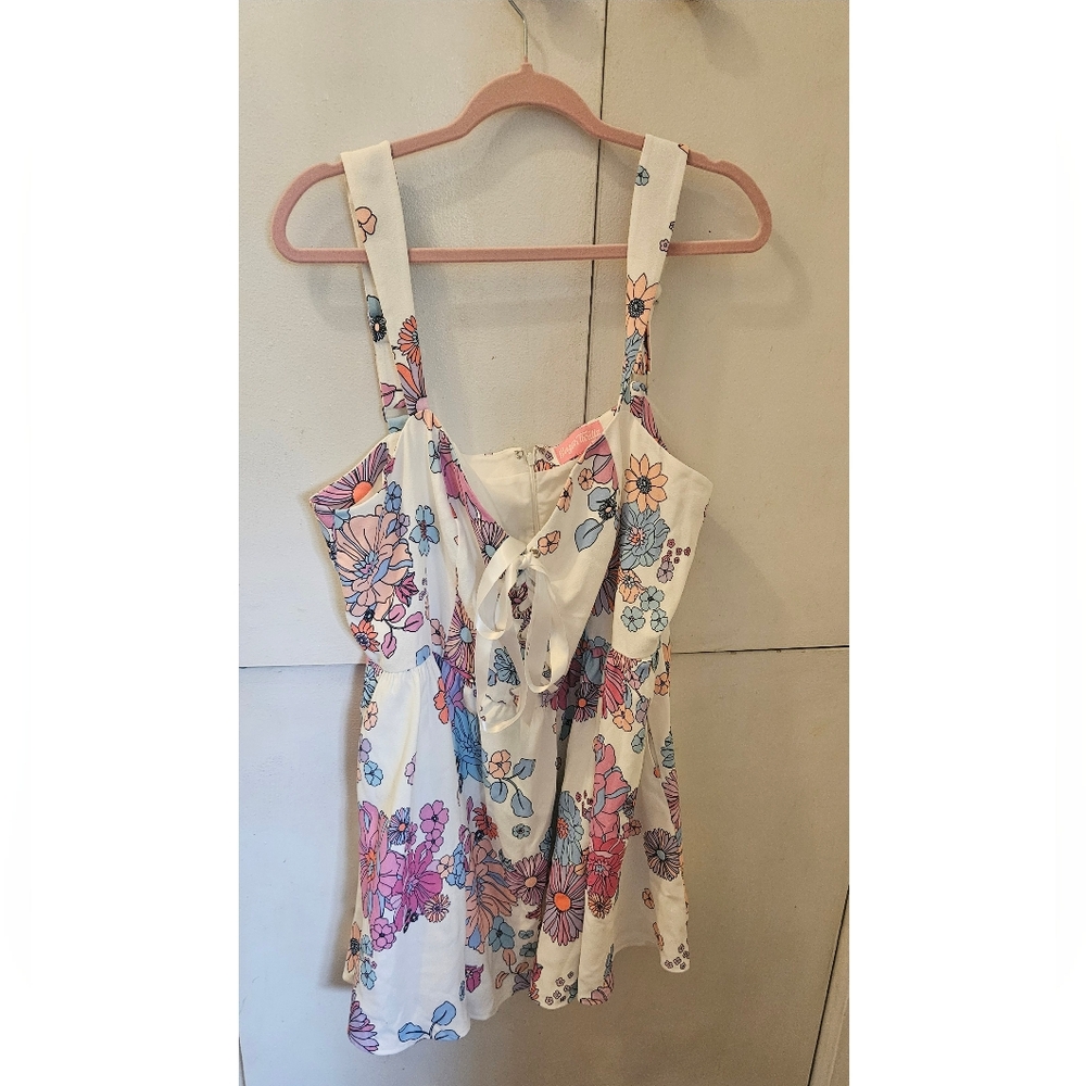 Floral Tie-Front White Sundress with Pink & Blue Flowers